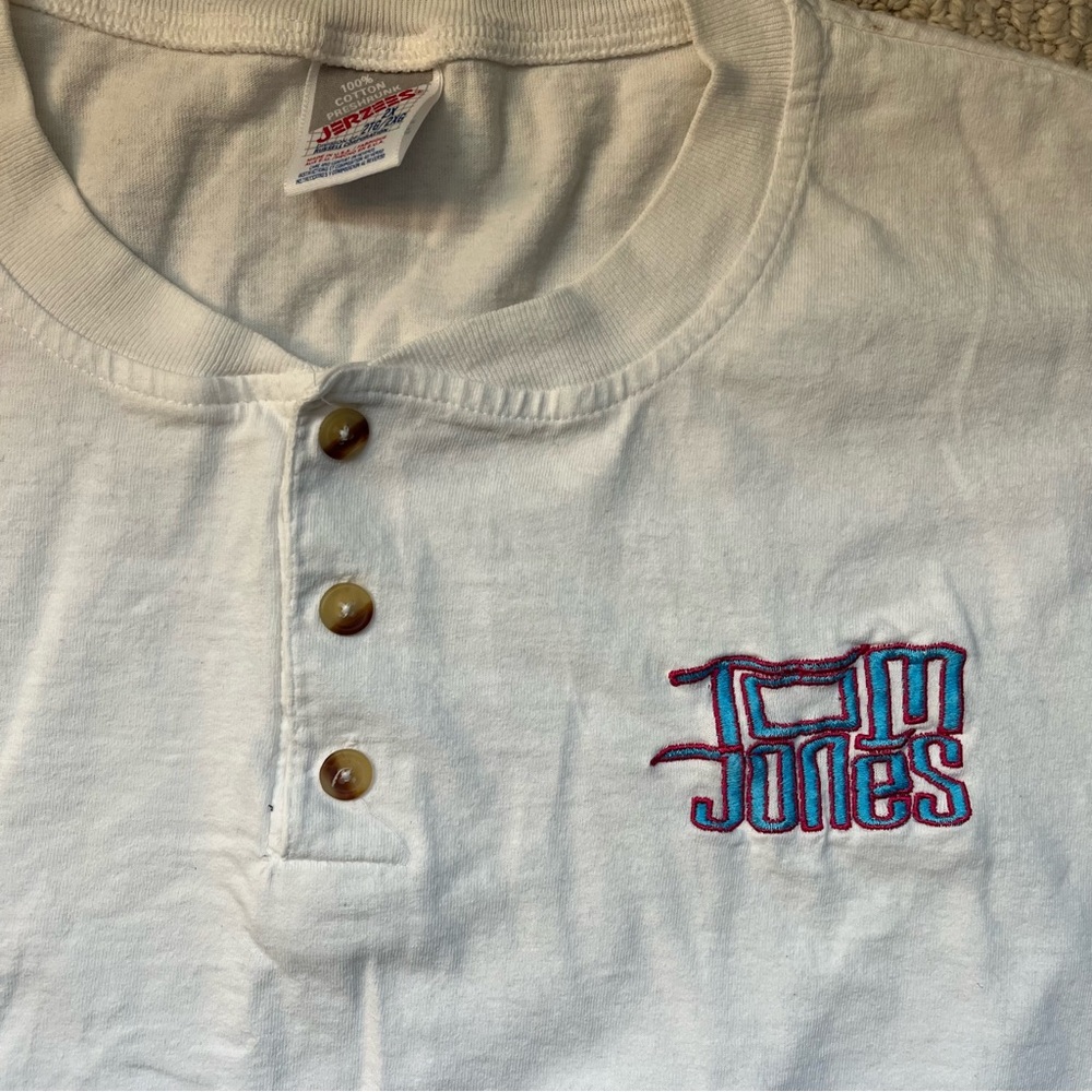 Vintage Tom Jones Jerzees White Cotton Henley